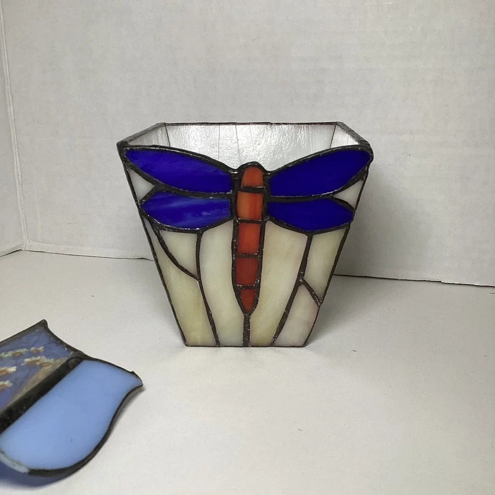 Handmade Stained Glass Dragonfly Holder and Pressed Flower Tulip Set Blue White